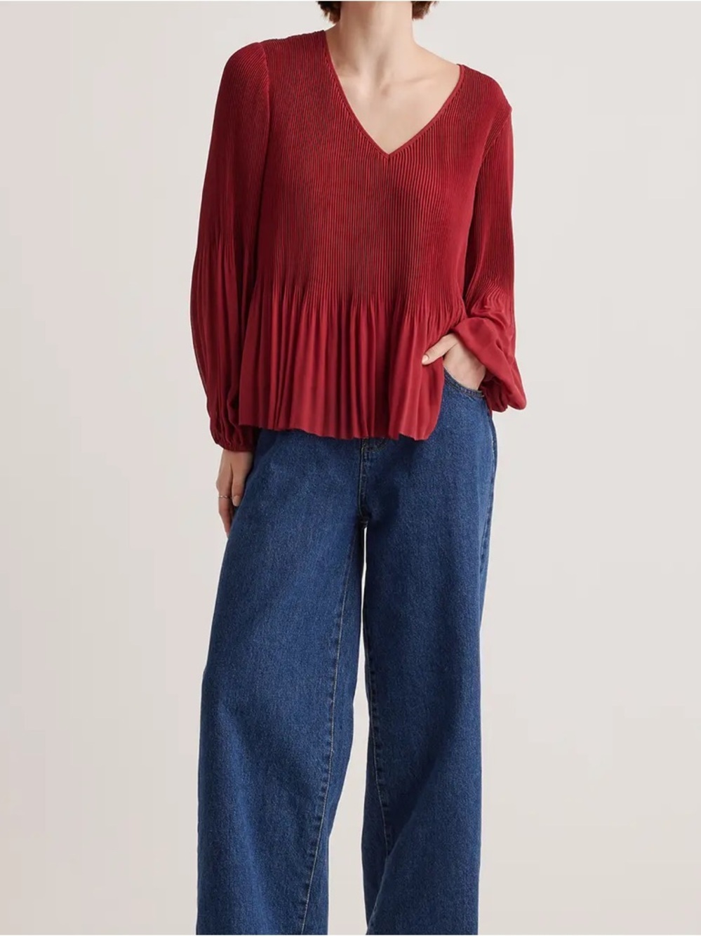 Quince Chiffon Pleated V-Neck Blouse